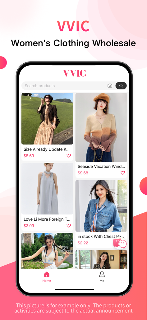 Bildschirm eines Smartphones, der die VVIC Großhandels-Damenmode-App mit einem Feed von trendigen Kleidern und Oberteilen zu Großhandelspreisen zeigt.