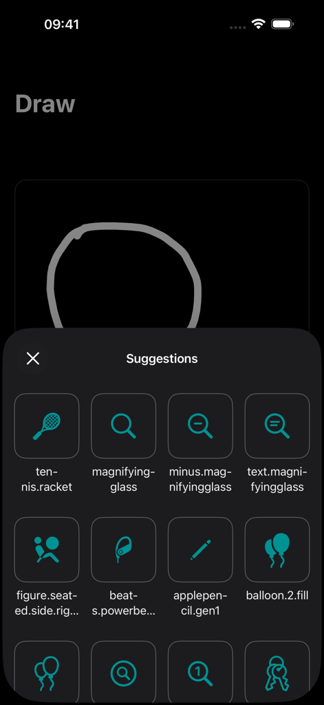 SF Search - SF Searchアプリのインターフェース。SFシンボルのための描画検索機能とアイコン候補が表示されています。
