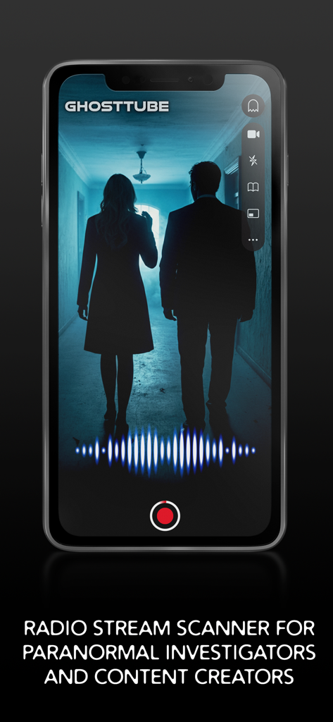GhostTube VOX - GhostTube VOX app interface showing a radio stream scanner with a sound visualizer for paranormal investigators.