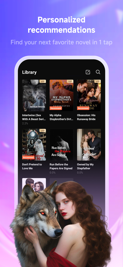Personalized book recommendations on the Novelmates mobile app featuring romance and werewolf stories