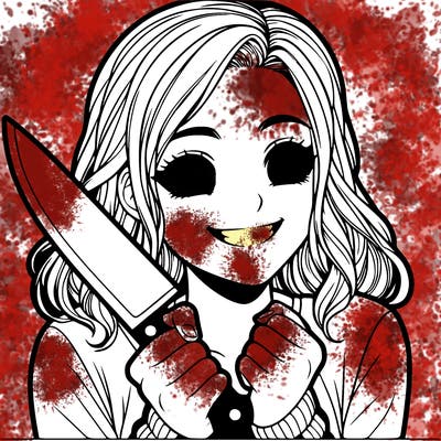 a realistic girl holding a knife and grinning