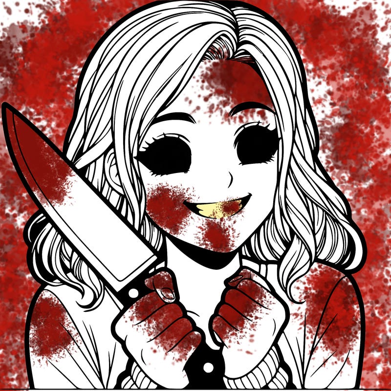 a realistic girl holding a knife and grinning