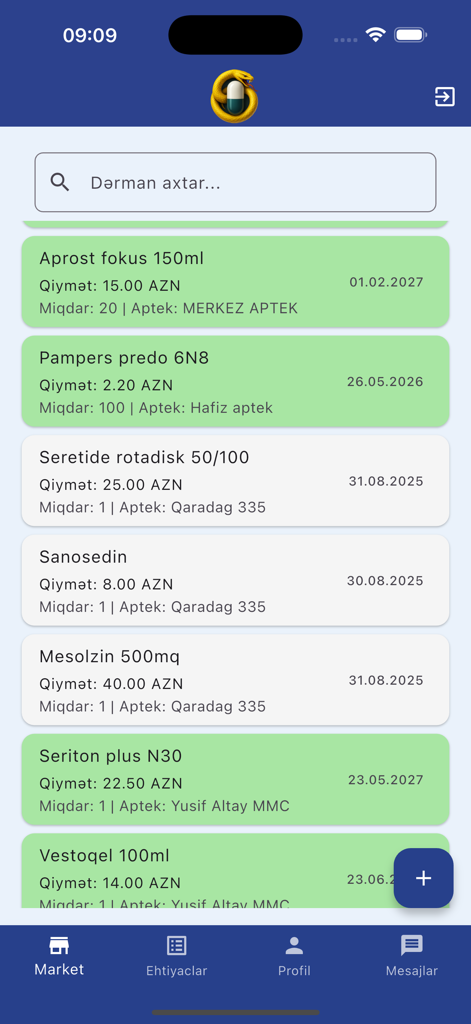 AptekPaylaş - B2B pharmacy marketplace screen showing medicine listings with prices and quantities