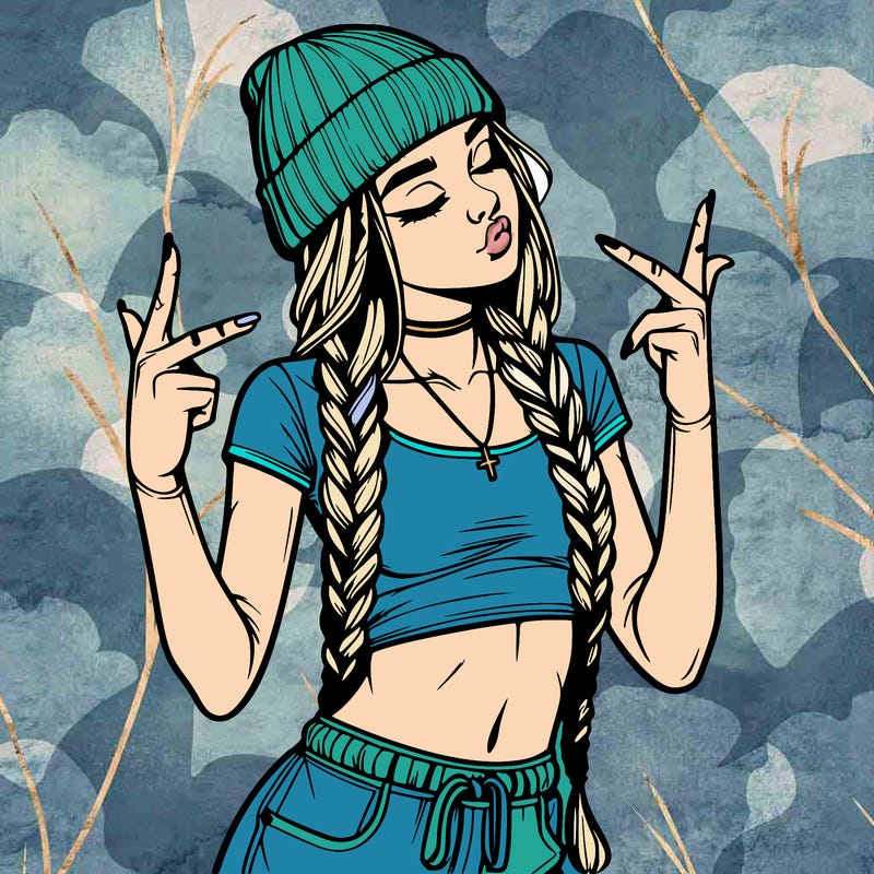 realistic teenage girl with braids and a beanie and crop top doing 🫶🏼