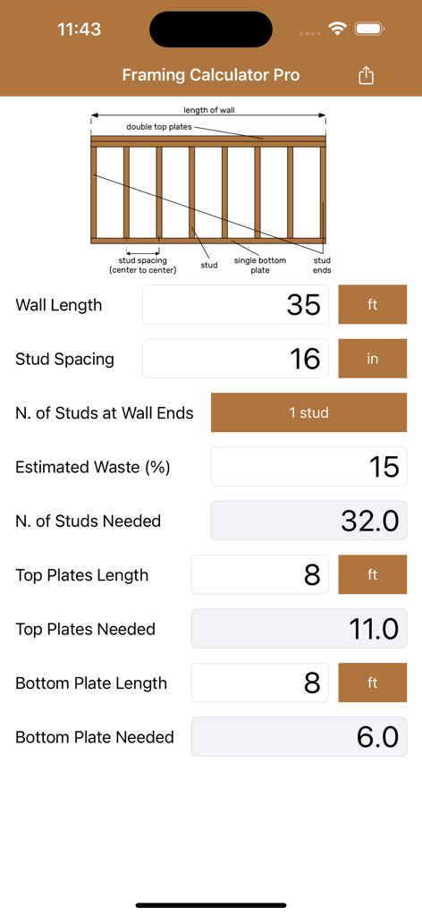Interface of Framing Calculator Pro showing inputs for wall length, stud spacing, and material estimation for construction projects