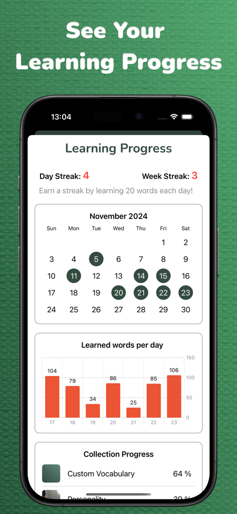 Vocabulary Flashcards: Vocabu - A detailed learning progress screen in the Vocabu app showing day streaks, a monthly calendar, and a chart of learned words per day.