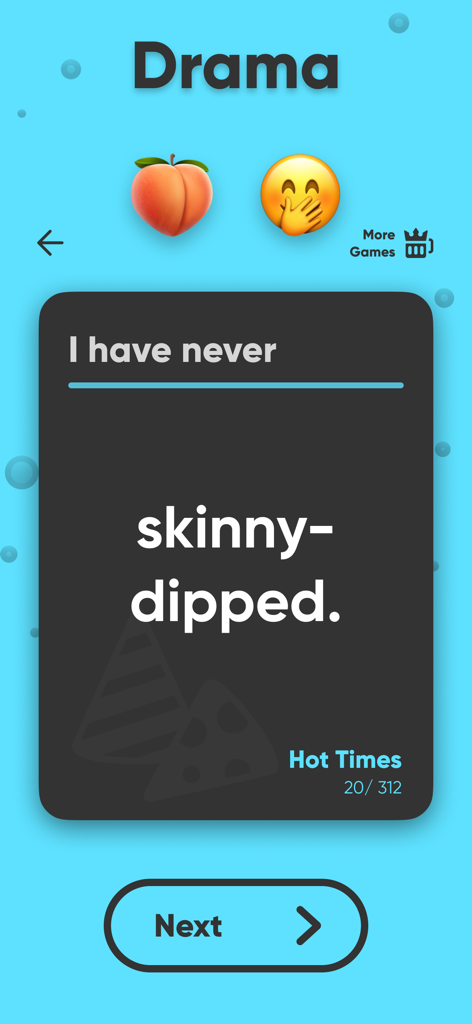 Screenshot of the Never Ever Dirty Adult party game showing a question card about skinny-dipping under the Hot Times category.