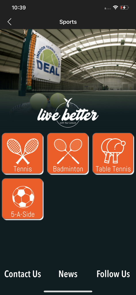 Live Better - Sports booking screen in the Live Better app showing options for tennis, badminton, table tennis, and soccer.