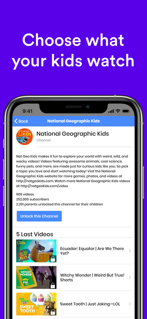 Safe Vision app interface for selecting and unlocking verified YouTube channels for kids