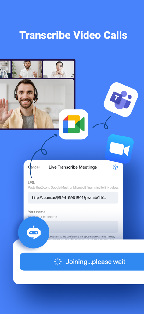 Notta app interface showing live transcription features for Zoom, Microsoft Teams, and Google Meet video calls