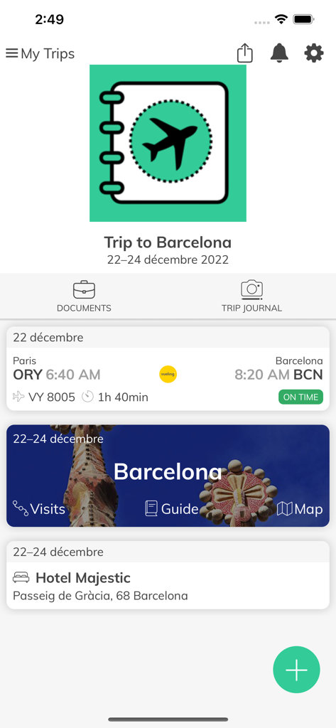 Mon Carnet de Voyage - Itinéraire de voyage numérique pour un voyage à Barcelone comprenant les détails des vols et des hôtels