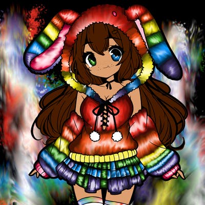 pretty anime girl wearing a fluffy hoodie with bunny ears on the hood and a skirt