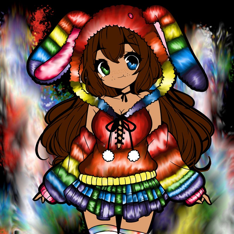 pretty anime girl wearing a fluffy hoodie with bunny ears on the hood and a skirt