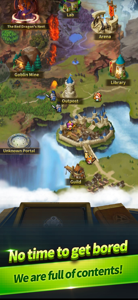 A colorful isometric world map of Triple Fantasy showing locations like the Arena, Goblin Mine, and Guild with pixel art characters.