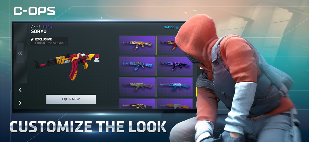 Critical Ops menu showing AK-47 weapon skin customization and the exclusive Soryu skin