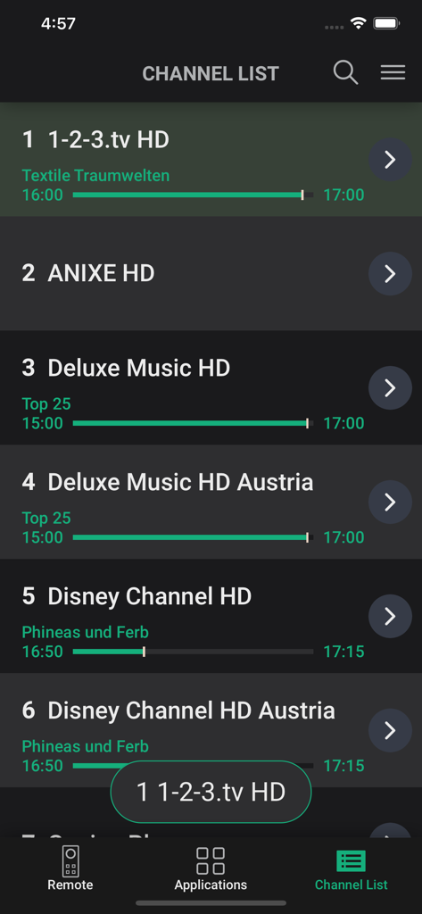 Grundig Smart Remote app channel list showing current TV programs and progress bars