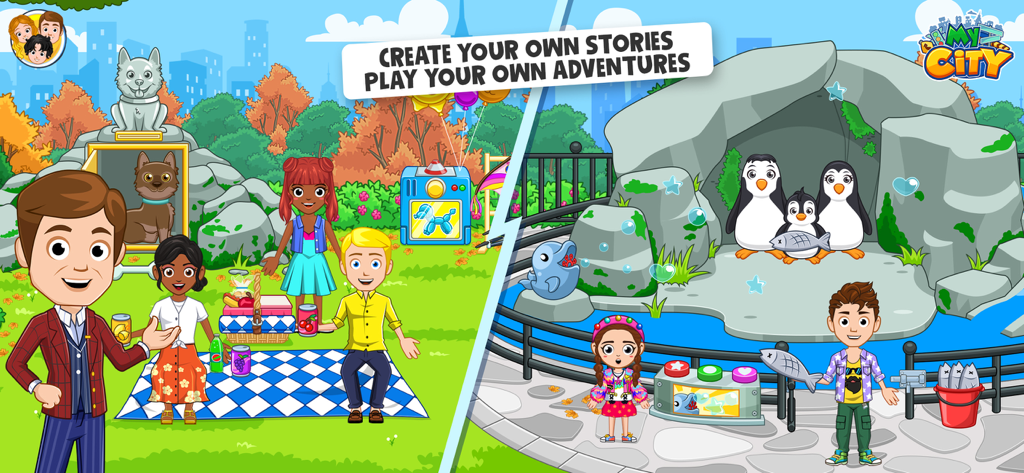 My City : New York - Una vista de pantalla dividida que muestra personajes haciendo un picnic y visitando una exhibición de pingüinos en Central Park en la aplicación My City New York.
