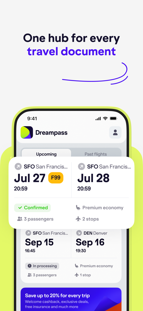 Dreampass - Dreampass app interface showing a list of flight itineraries and booking details in a single hub
