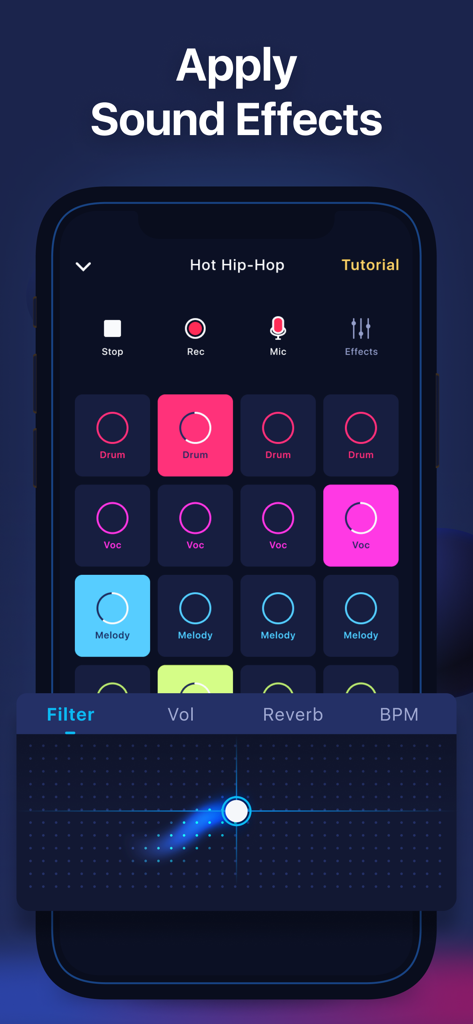 Beat maker • Music maker APP - 音楽ビートパッドとサウンドエフェクトフィルターパネルを表示するMusixxアプリインターフェイス。