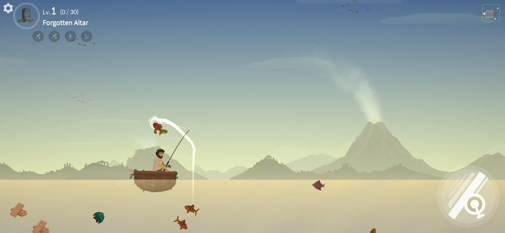 Casting Away - A character fishing from a small raft on a calm sea with a volcano in the background
