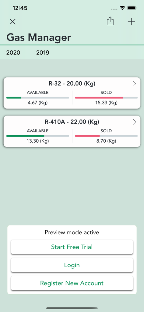 F-Gas Toolアプリのガス管理者ダッシュボード。冷媒の在庫レベルと販売数量を追跡しています。