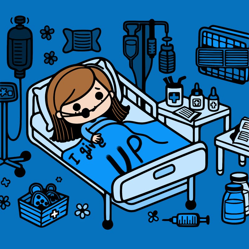 a girl in a hospital bed dead with lots of things to help her breathe