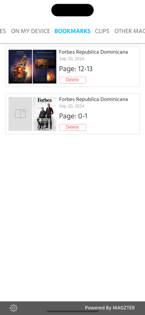 Pantalla de marcadores en la aplicación Forbes República Dominicana mostrando páginas y artículos guardados de revistas