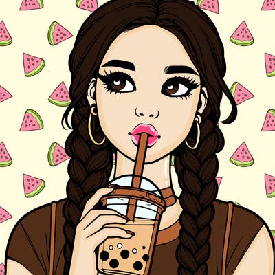 realistic girl with braided hair drinking boba
