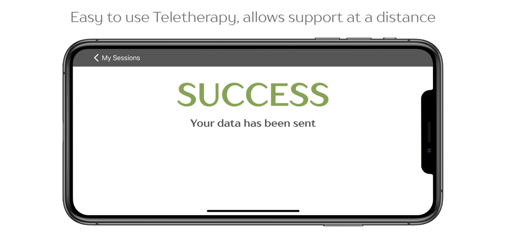 Pantalla de éxito de la aplicación Cuespeak que muestra los datos de teleterapia enviados para soporte remoto
