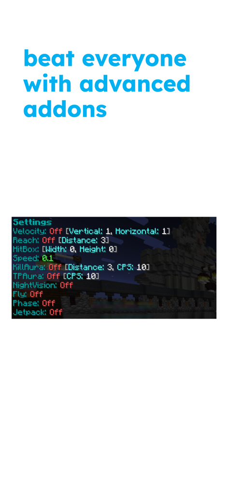 Lunar Proxy for Minecraft: PE - Lunar Proxy settings menu showing a list of Minecraft addons like Reach, KillAura, and Fly with the headline beat everyone with advanced addons.