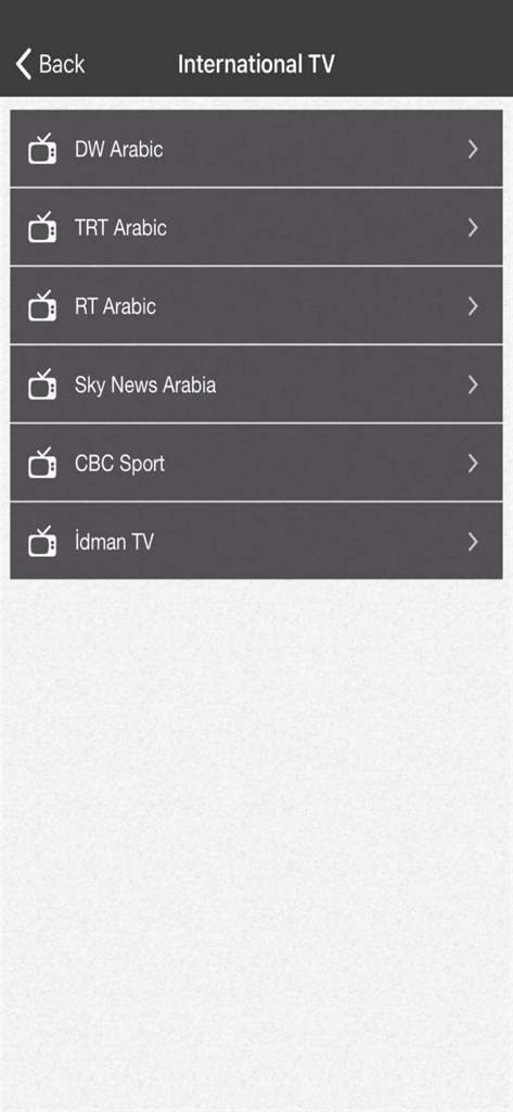 Live Arabic Tv - A menu showing a list of international Arabic TV channels like Sky News Arabia and TRT Arabic within the app