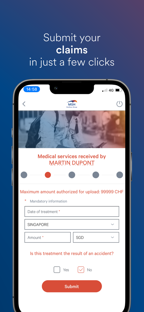 A smartphone screen showing the MSH International app's medical claim submission form with fields for date, location, and amount.