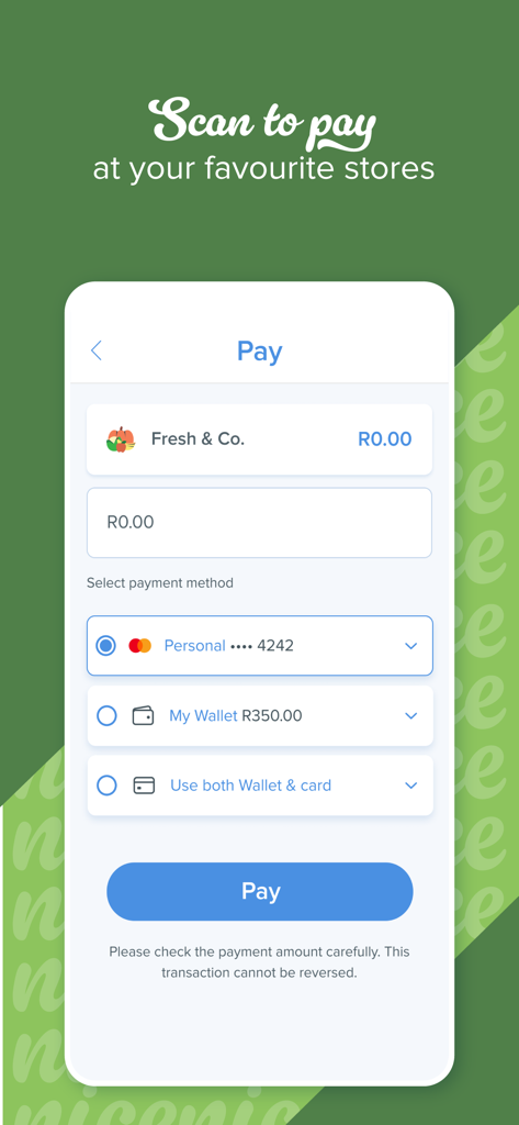 SnapScan app payment screen showing options to pay using a linked card or digital wallet balance
