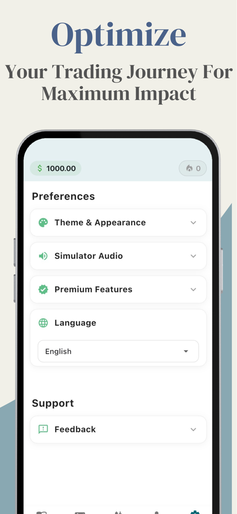 Écran des préférences et des paramètres de l'application "Simulateur de Day Trading" montrant les options de thème et de langue.