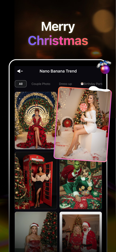 Interface of HiCut app displaying festive Christmas AI photo styles