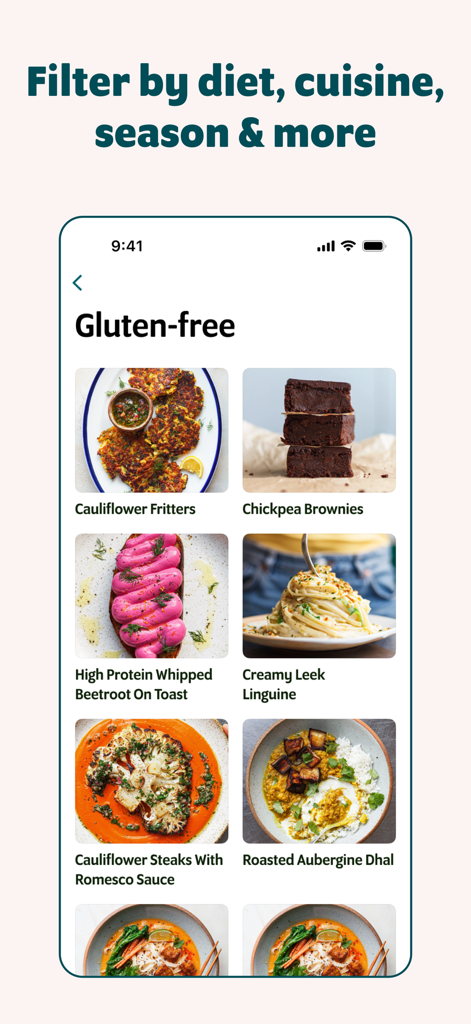 L'interface de l'application SO VEGAN affichant une variété de recettes sans gluten, y compris des beignets et des brownies