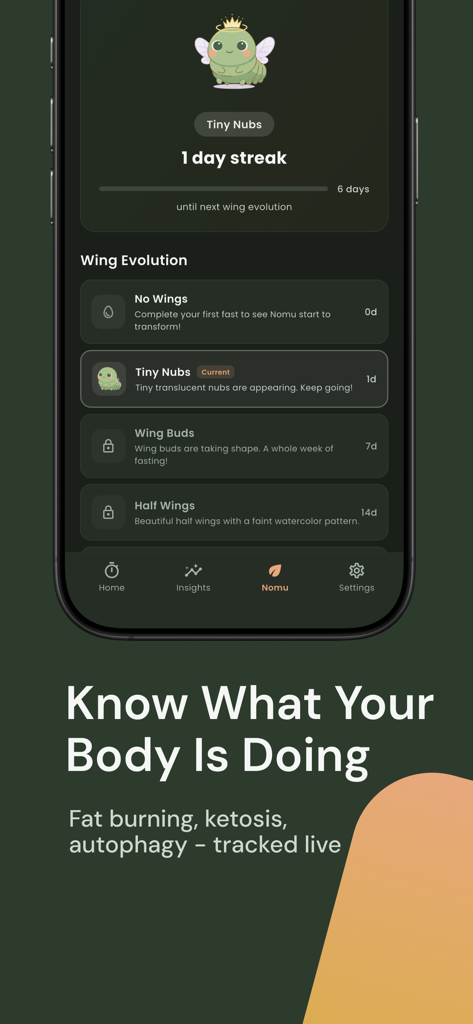 Nomu - Intermittent Fasting - Una captura de pantalla de la aplicación de ayuno intermitente Nomu que muestra la función de evolución de alas gamificada para el personaje compañero lindo.