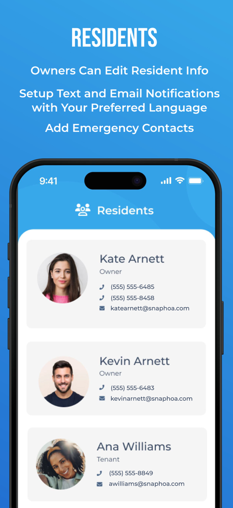 Resident App interface showing resident contact profiles and management features.