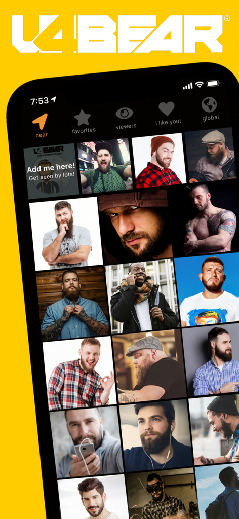 Écran de smartphone montrant la grille de profils d'hommes à proximité dans l'application sociale u4Bear