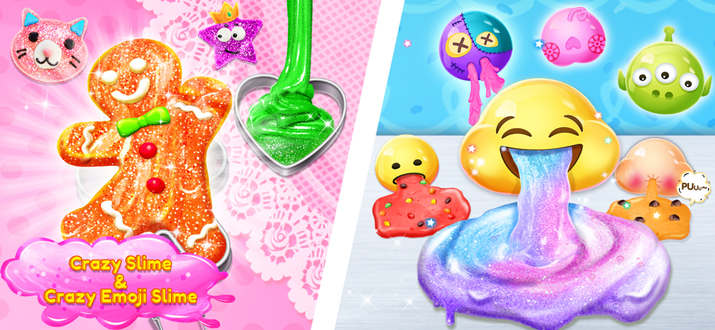 Fluffy Slime DIY Maker - Designs coloridos de slime virtual com um homem de gengibre brilhante e personagens emoji.