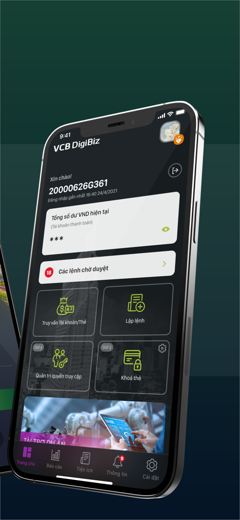 VCB DigiBiz - Painel do aplicativo de mobile banking VCB DigiBiz exibindo saldo da conta e ferramentas de gerenciamento de transações em modo escuro