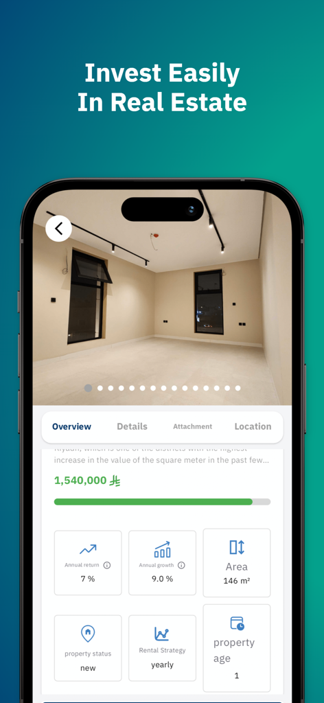 Madak : Fractional Ownership - Mobile app screen showing real estate property details with financial metrics including annual return and growth rates