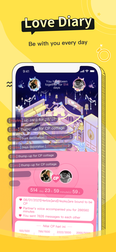 A screenshot of the Lemo app Love Diary feature showing shared digital room stats and relationship duration for a couple.