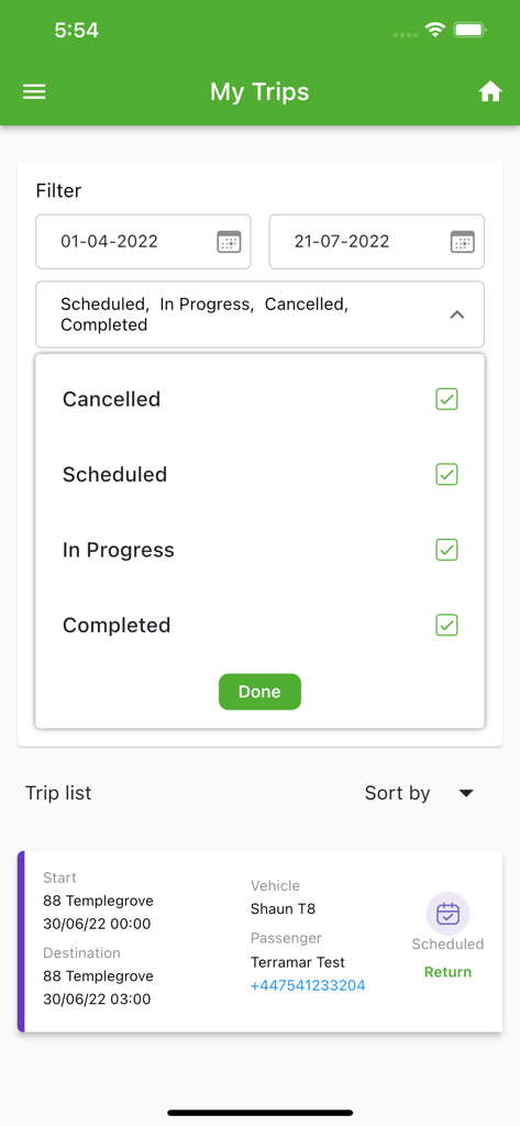 Freestyle II - Freestyle II App-Oberfläche, die den Bildschirm Meine Fahrten mit Datums- und Statusfiltern sowie einem detaillierten Fahrtenlisteneintrag anzeigt