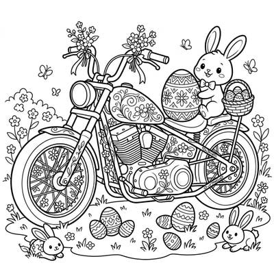 Get ready for a unique holiday ride with this delightful Easter bobber motorcycle coloring page. Adorned with spring flowers, playful bunnies, and festive eggs, it's a perfect blend of cool and cute for your coloring enjoyment.