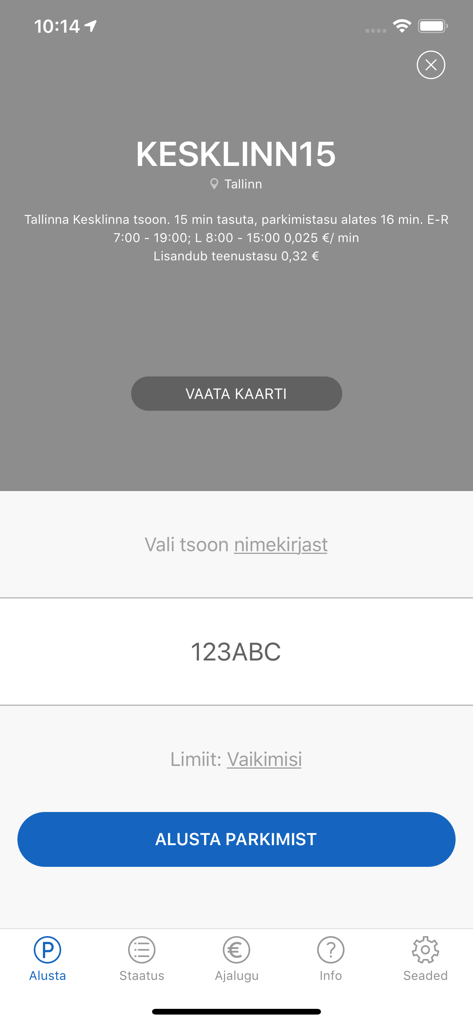 PARGI.EE - Interfaz de la aplicación móvil PARGI.EE que muestra la zona de estacionamiento KESKLINN15 en Tallinn con un botón para iniciar el estacionamiento