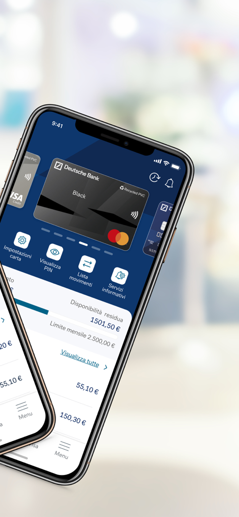 DB Le Mie Carte - Interface of the DB Le Mie Carte app showing a black credit card balance and transaction history on an iPhone