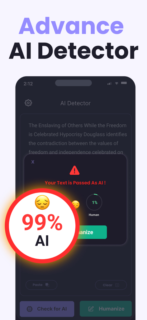 Human AI: Humanize AI Checker - Mobile app interface showing a 99 percent AI detection result with a sad face emoji and a humanize button.