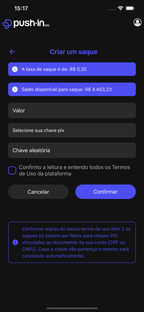 PushinPay - PushinPay mobile app interface for creating a withdrawal showing balance and PIX key selection.
