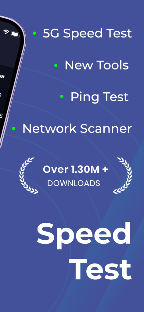 Wifi Analizer app screenshot highlighting 5G speed test and network scanner features
